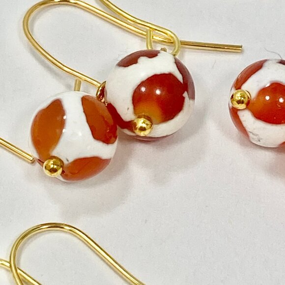 Murano Style Art Glass Bead Earrings Brown White Gold Plated Zebra Cow Pattern - Picture 4 of 7